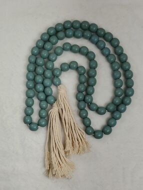 Teal Wooden Beaded Garland with Cream Tassels Tiered Tray Decor 72.44" Long NWT